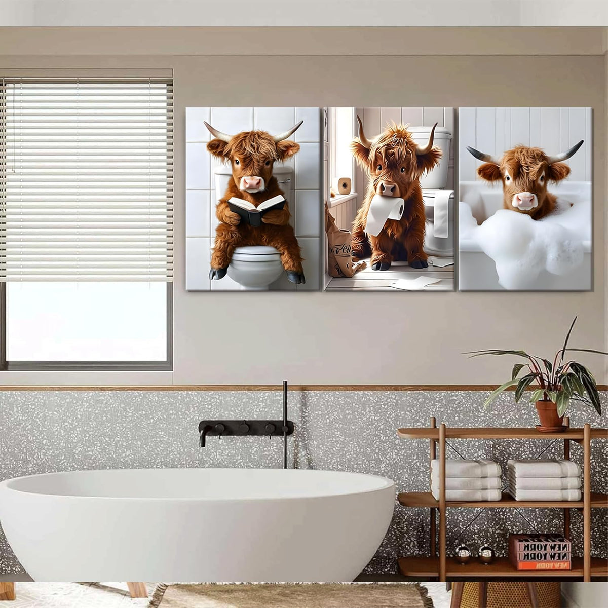 JBZDD Highland Cow Bathroom Canvas Wall Art Set of 3, Funny Cute Rustic Farmhouse Cow Prints for Bathroom Restroom Home Decor 24x16 Inch Framed
