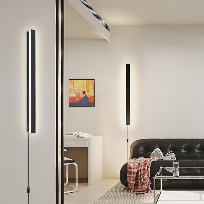 KELUOLY Modern Plug in Wall Lights, 31.4 inch Frosted Black LED Long Wall Sconce