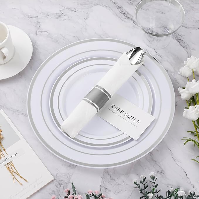 BESTVIP 350PCS Silver Plastic Dinnerware Set, Disposable Party Plates for 50 Guests, Include: 100 Plastic Plates, 50 Pre Rolled Napkins with Silver Silverware, 50 Cups