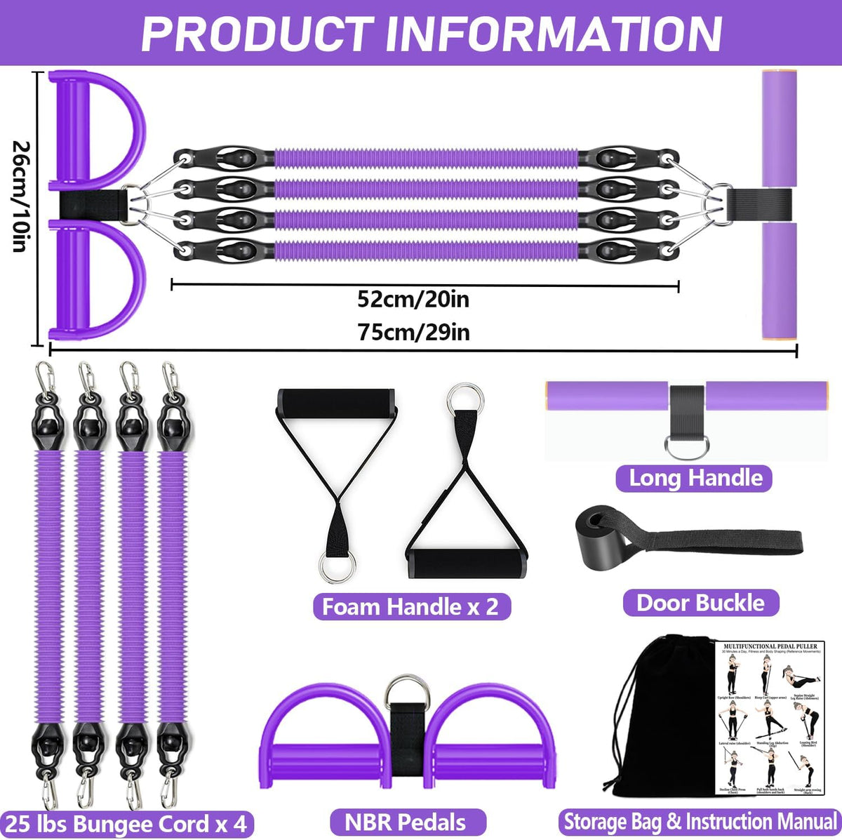 Skiennix Adjustable Foot Pedal Resistance Band - 4-Tube Ankle Puller for Full Body Workout | Purple