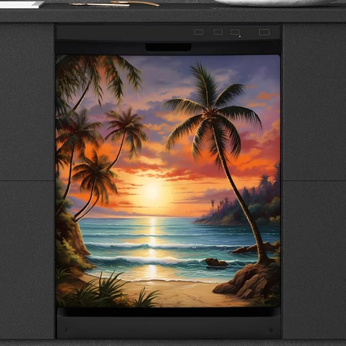 Dishwasher Magnet Cover Beach Sunset Tropical Palm Tree Reusable Dishwasher Magnetic Cover Sticker Decorative Dish Washer Door Cover Panel for Home Kitcen Appliance