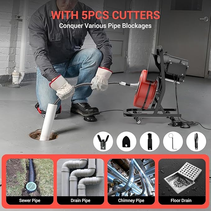 50FTx1/2 Inch Drain Cleaner Machine with Wheels, Sewer Snake Drain for 2" to 4" Pipes, Plumbing Snake Auger Cleaner with 6 Cutter & Foot Switch for Sewer, Sink, Toilet, Bathroom