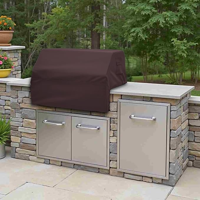 Covers & All Built-in Grill Cover for Outdoor Grill – Heavy Duty 12 oz Waterproof Built-in BBQ Grill Cover, PVC-Coated Polyester with Elastic Hem for Snug Fit (38 x 28 x 24 inches, Coffee)
