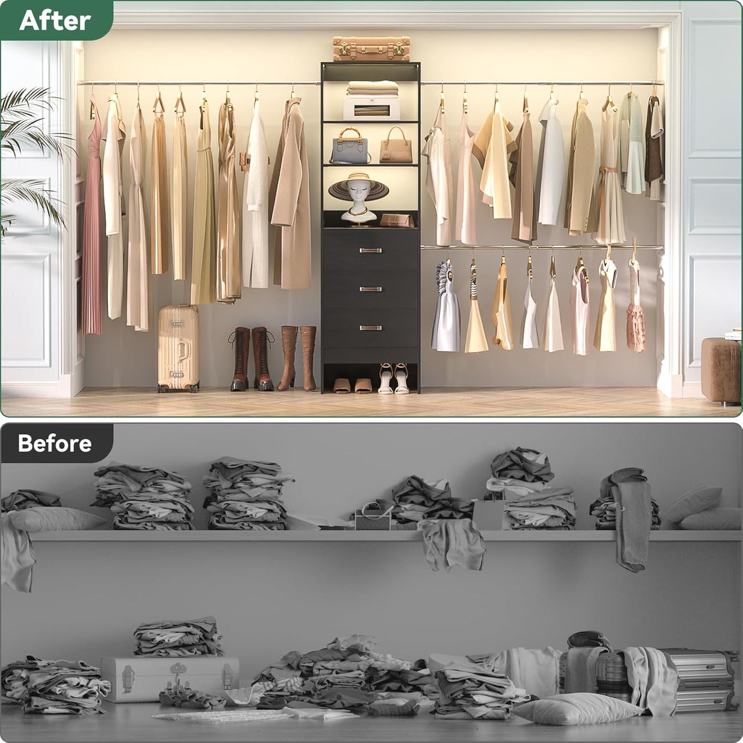 96'' Closet Organizer System with 3 Hanging Rods (Without 3 Storage Shelves), 8FT Closet Systems, Wall Mount Bedroom Wardrobe with 3 Wood Drawers, Adjustable Garment Rack from 5 to 8FT, Black