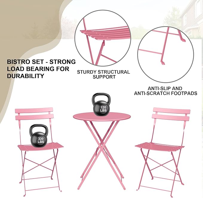 3-Piece Folding Bistro Set Outdoor Patio Furniture, Space-Saving Foldable Chairs & Table Capacity Heavy-Duty Powder-Coated Steel Frame, No Assembly Required for Garden, Balcony, Backyard, Pink