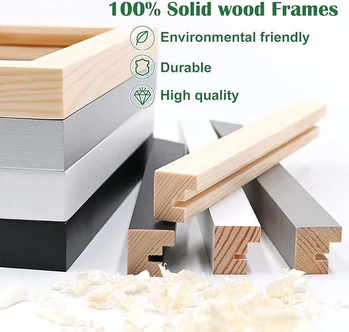 KINLINK 11x14 Picture Frame Light Grey, Solid Wood Frames with Acrylic Plexiglass for Pictures 5x7/8x10 with Mat or 11x14 without Mat,Tabletop and Wall Display Set of 4