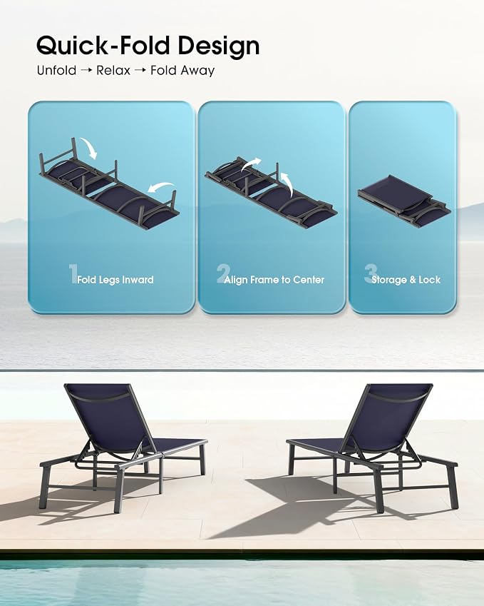 Ciokea Foldable Outdoor Lounge Chair Set of 2, No Assembly Aluminum Chaise Lounge Outdoor with 5 Adjustable Positions, Pool Lounge Chairs with Portable Design for Pool, Deck, Beach, Patio (Navy Blue)
