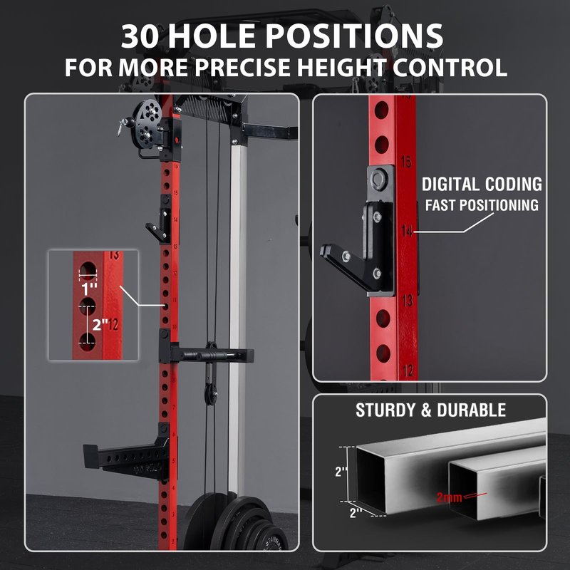 Mikolo Power Cage, 2000LB Power Rack with Independent Dual Pulley System, Multi-Function Home Gym Workout Machine for Cable Crossover (Red)