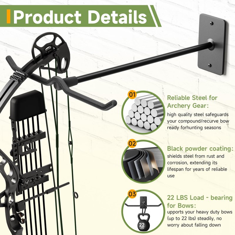 Bow Wall Hanger for Compound/Recurve Bows - Heavy Duty Steel Compound Bow Rack Wall Mount, 22LBS Capacity Recurve Bow Rack for Wall with Composite Padding, 2 Bow Vertical Storage Archery Bow Holder
