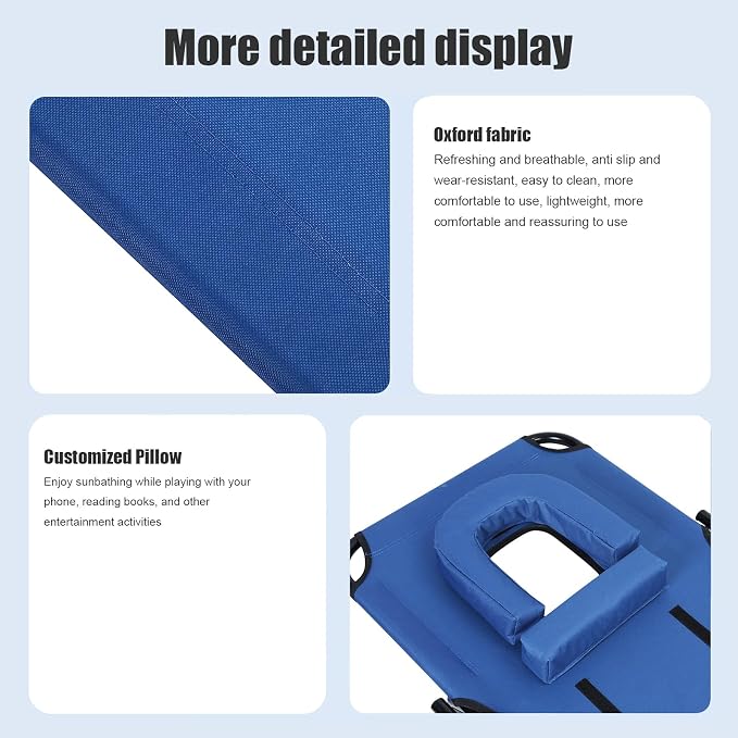 Patio Lounge Chair Reclining Folding Chaise for Indoor Outdoor Adjustable Portable Chair Removable Pillow, Sunbathing Chair for Patio, Poolside, Lawn, Beach (Blue)