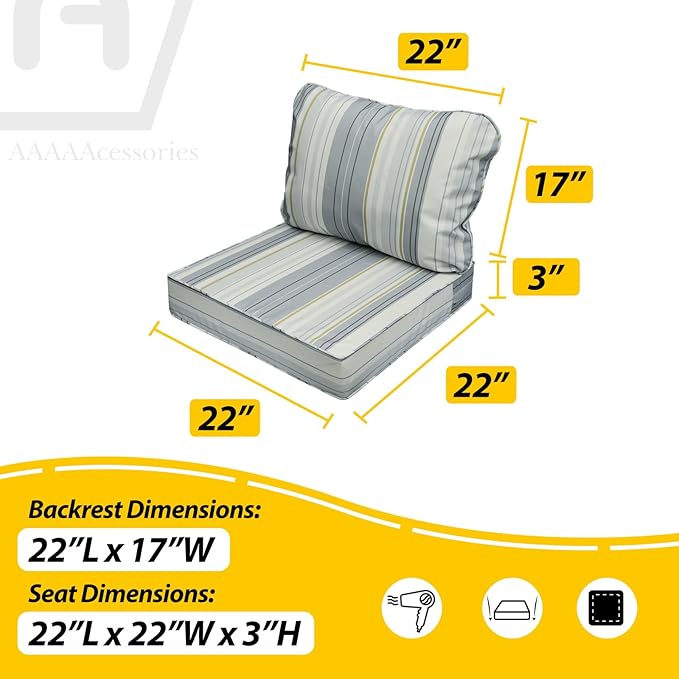 AAAAAcessories Outdoor Seat Cushions for Chairs, Fade-Resistant, Waterproof Patio Furniture Replacement Cushions, 22" x 22" x 3" + 22" x 17", Ash Blue Harbor Stripe