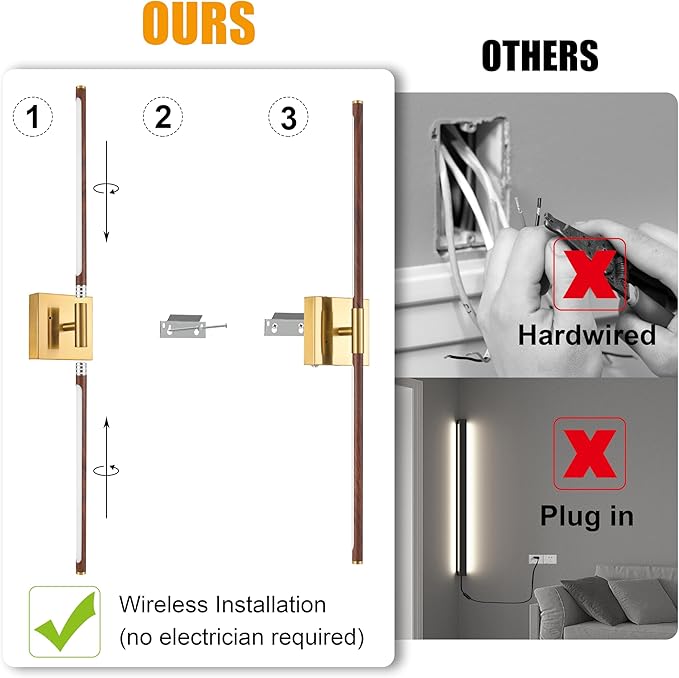 Morauroral 40″ Walnut Battery Operated Wall Sconces Set of Two, Dimmable Wall