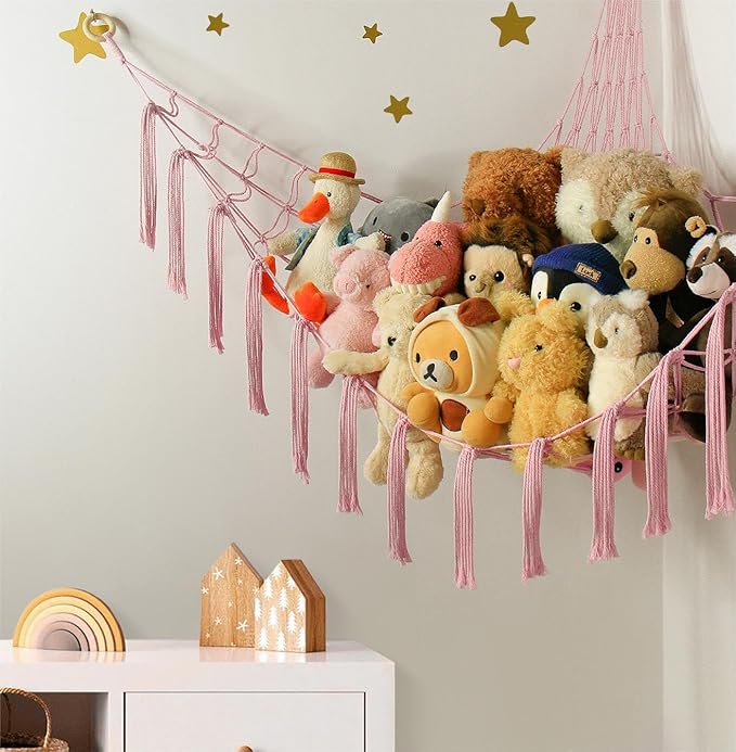 Stuffed Animal Storage Hammock Net - Toy Hammock Net for Stuffed Animals Corner - Hanging Stuff Animal Organizer Holder Large Pink Baby Nursery Room Decor