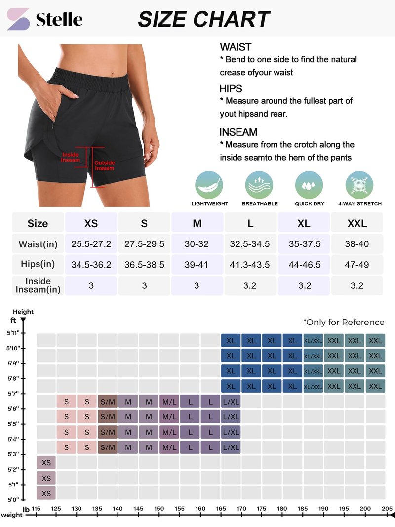 Stelle Women 2 in 1 Running Shorts High Waisted Athletic Shorts Gym Workout Shorts with Liner Zipper Pockets (Black, M)