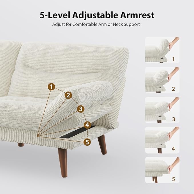 Pipishell Futon Sofa Bed, 66 Inch Corduroy Futon Couch Convertible with Adjustable Backrest and Armrests, Recliner Sleeper Sofa for Small Spaces, Living Room, Office, Guest Room (White, 66 Inch)