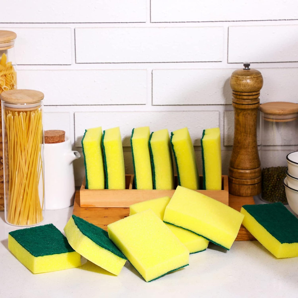 Tanlade 120 Pcs Individually Wrapped Sponge Dishwashing Sponge Bulk Non Scratch Scrub Sponges Kitchen Scouring Pad for Household Cleaning Rental Dishes Hotel Apartment Car (Yellow,Green)