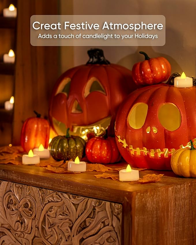 LED Tea Lights, 24-Pack Battery Operated, Long-Lasting 200 Hour Flameless Candles, Flickering for Halloween & Fall, Warm Yellow, 1.5'' D x 1.25'' H