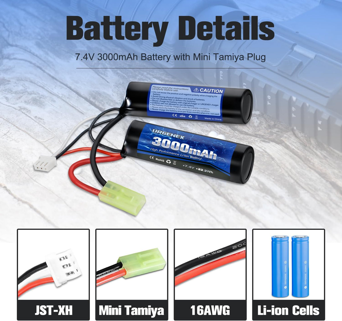 URGENEX 3000mAh Airsoft Battery - 7.4V Nunchuck Rechargeable Stick with Mini Tamiya Plug