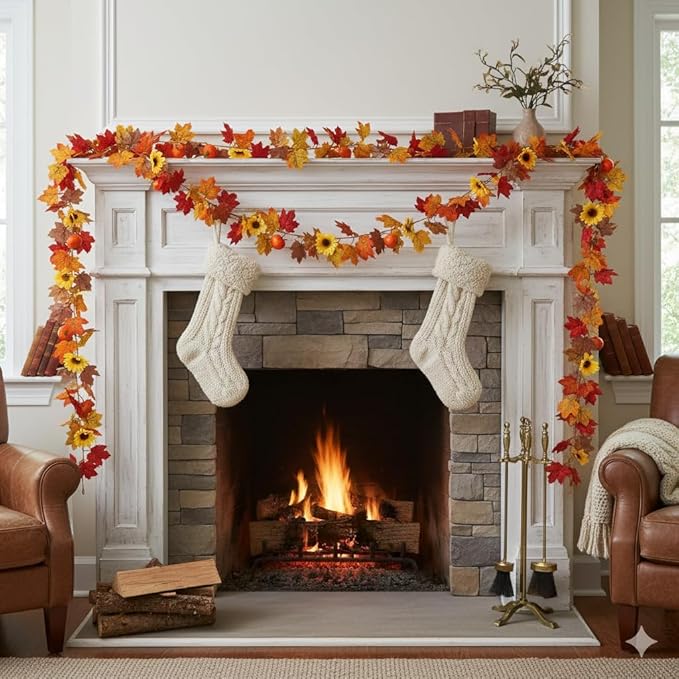3 Pack Fall Garland for Mantle - 5.6Ft Artificial Maple Vine with Pumpkins & Sunflowers, Autumn Fall Decor for Fireplace Thanksgiving Halloween Wedding Farmhouse Indoor Outdoor Porch Decoration