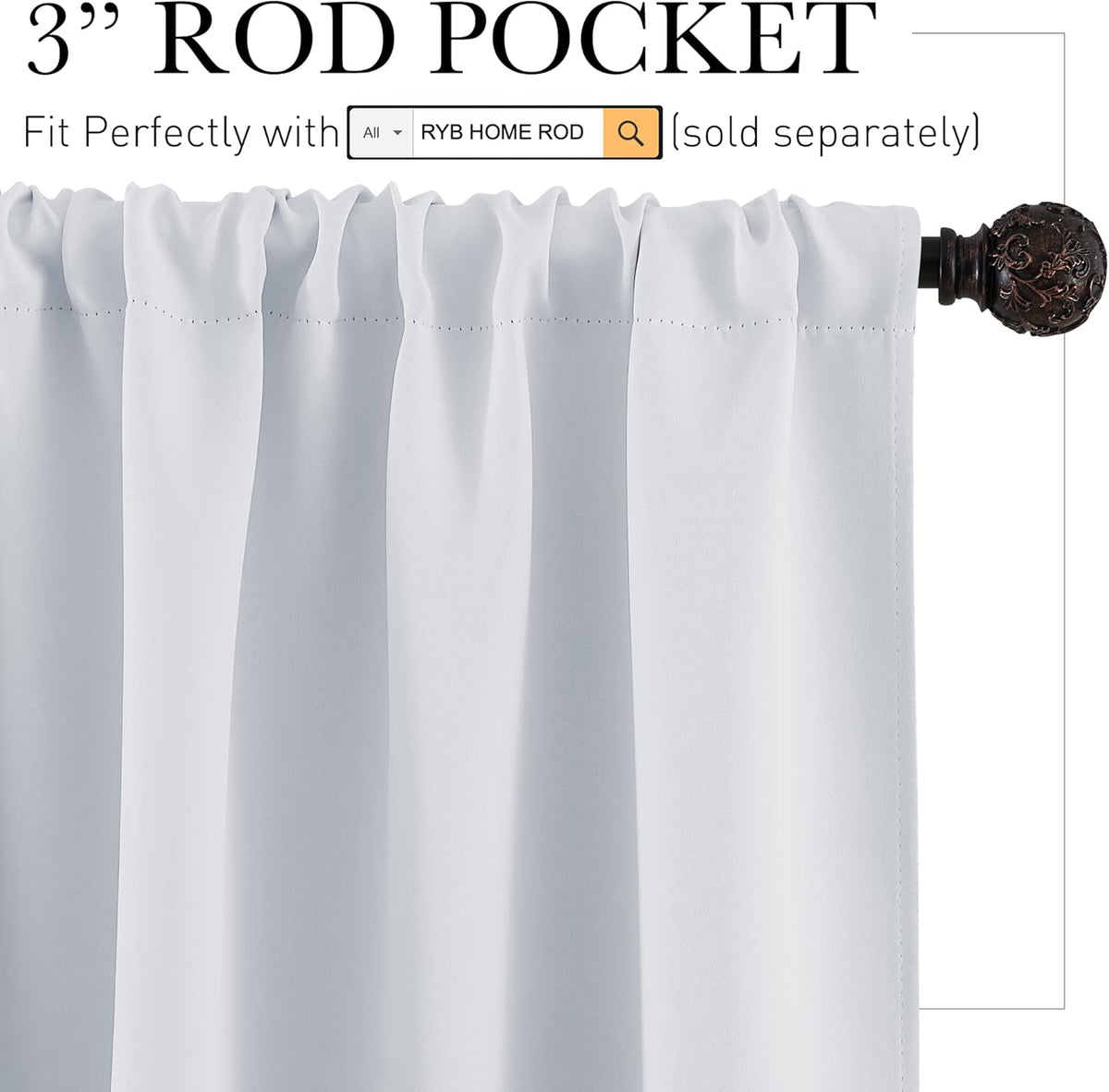 RYB HOME White Curtains 36 inches Long Room Darkening Curtains Thermal Insulated Sunlight Block for Kitchen Cabinet Bedroom Bathroom Window Covering, W 52 x L 36, Grayish White, 2 Panels