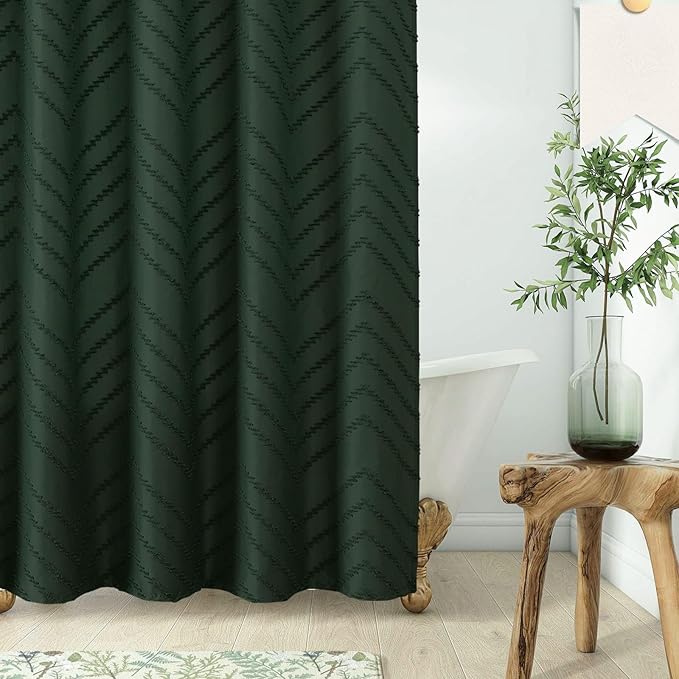 96inch Extra Long Dark Green Boho Shower Curtain Woven Fabric Shower Curtain Tufted Chervon Textured Shower Curtains Modern Minimalist Shower Curtains for Bathroom