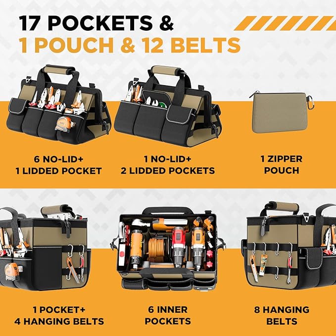 Goovilla Tool Bag 15.5 Inch with 1 Pouch | 17-Pocket Portable Tool Box Organizer Storage with Adjustable Strap, Soft Handle and Durable Zipper | Heavy Duty Tool Bags for Men, Father’s Day (Khaki)