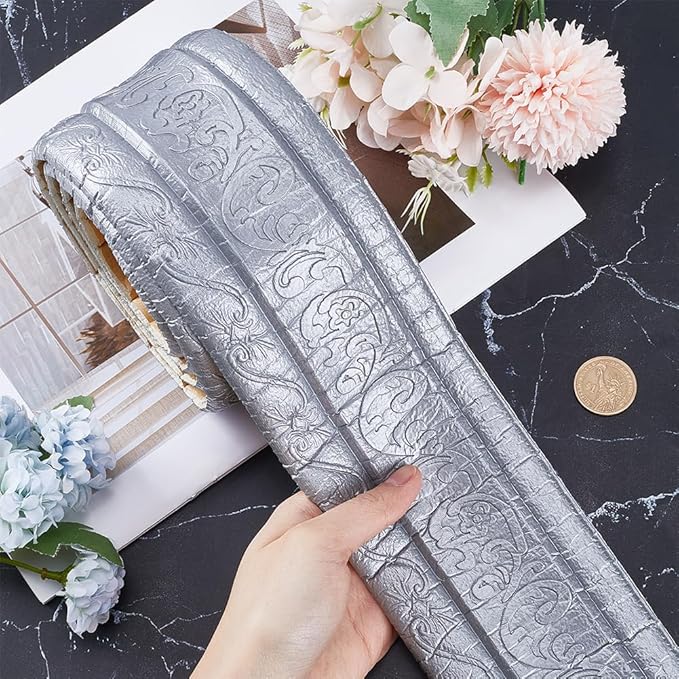CRASPIRE 88 x 3 Inch Silver 3D Sticky Decorative Wallpaper Border Foam