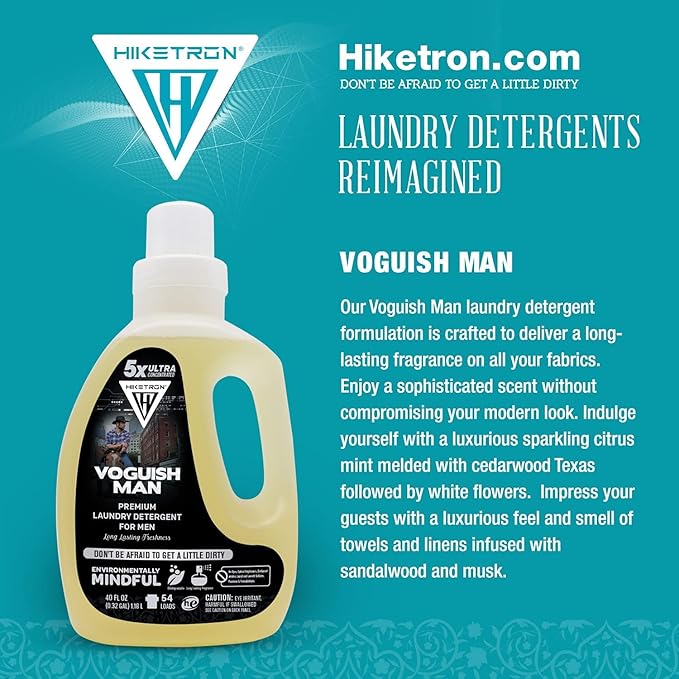 Hiketron Voguish Man Liquid Laundry Detergent, 5x Ultra Concentrated, Tough Stains Remover, Long Lasting Scent (40 Fl Oz, Pack of 1)