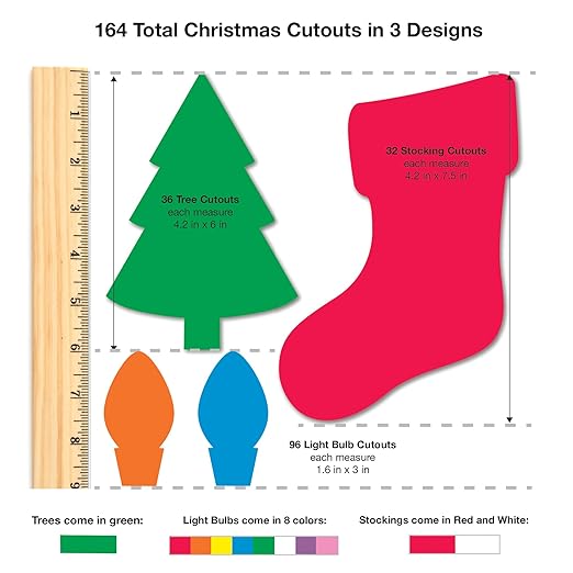 164 Pieces Christmas Trees, Stockings, Light Bulb Punch Out Paper Cutouts in Holiday Colors, 2-Sided US Made Card Stock for Crafts, Bulletin Boards, Classroom, Posters, and Christmas Party Decorations