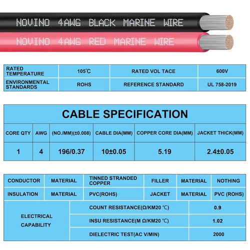 4 Gauge Marine Wire - 50FT Red & 50FT Black Tinned Copper Electrical Cable for Boats & Outdoor Use