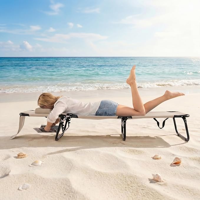 GYMAX Tanning Chair, Folding Lounge Chairs with Face Hole & Cover, Removable Pillow Carry Handle, Portable Compact Outdoor Layout Recliner for Beach, Poolside, Lawn, Patio, Camping (Sand,1)
