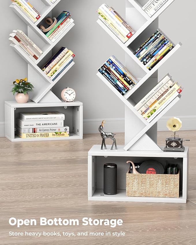Evermagin 6 Tier Tree Bookshelf with Light, Narrow Bookcase Tower, Tall Floor Standing Book Shelf Organizer with Storage Cabinet for Living Room, Bedroom and Home Office, White