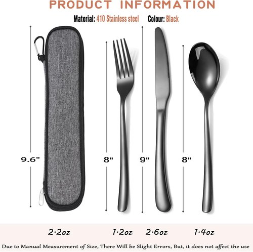 MURRI&MURRDI Stainless Steel Travel Cutlery Set - Reusable 3-Piece Flatware with Case | Black