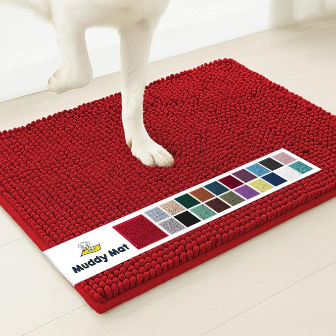 Muddy Mat® | Super Water Absorbent Door Mat Indoor, Microfiber Quick Dry Chenille Entryway Rug, Slip Resistant Front Door Mat, Indoor Mats for Entryway, Machine Washable Pet Rug, Red 28"x18"