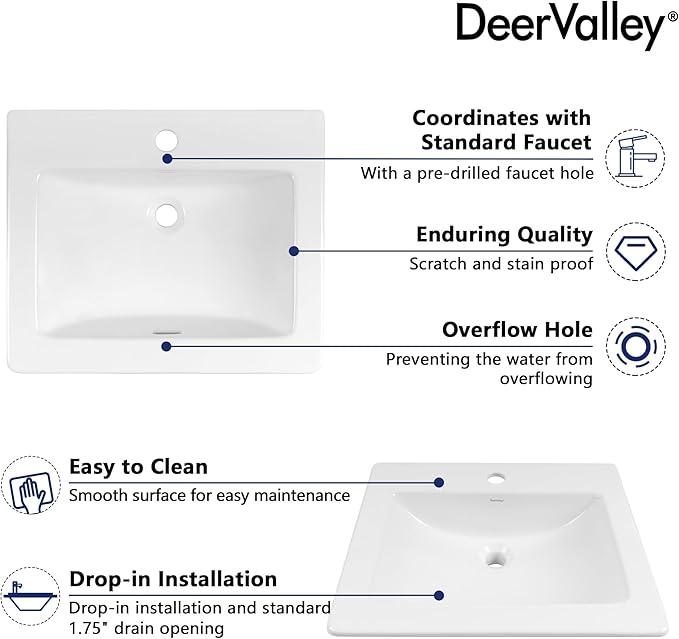 DeerValley 21"x18" Drop-In Bathroom Sink Ceramic Rectangle Vessel Sink with Overflow Vanity Bathroom Vessel Sink Bowl