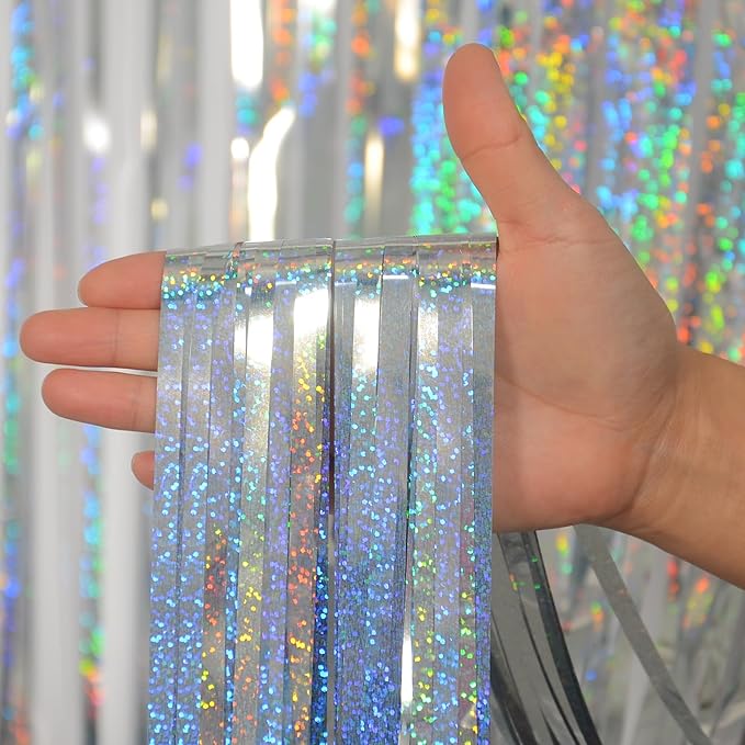 Foil Fringe Curtains Independence Day Decorations - Melsan 3 Pack 3.2 x 8.2 ft Silver Tinsel Curtain Photo Backdrop for Birthday Party or Disco Party Decorations