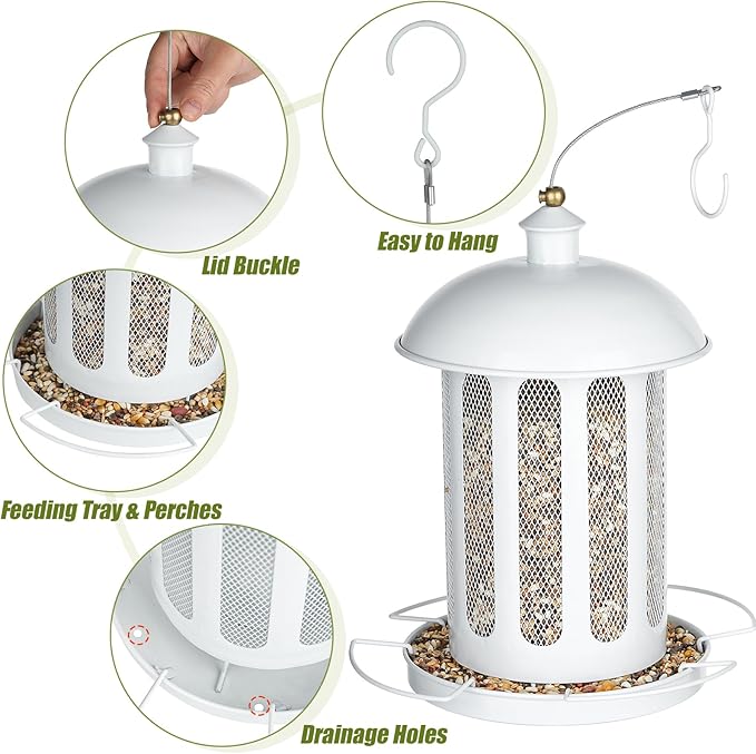 Bird Feeder, Large Capacity Bird Feeders for Outdoor Hanging, Heavy Duty Metal Wild Birdfeeder for Outside Garden Yard Decor, Retro Lantern Shape (White)