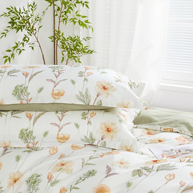 SAPHREAS Floral Duvet Cover Set Queen Size 3pcs Yellow Flower Green Leaf Botanical White Bedding Comforter Cover Set 100% Cotton 1 Duvet Cover 90"x90" 2 Pillow Shams, Comforter Not Included