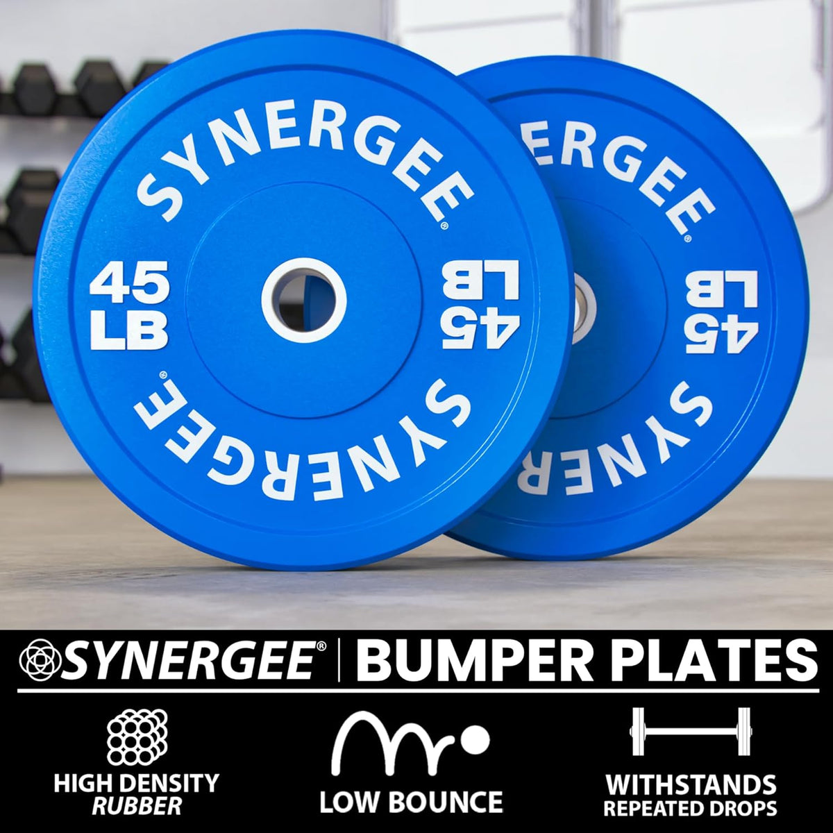 Synergee Bumper Plates – Durable Olympic Weight Plates, Low-Bounce Rubber for Strength Training, Powerlifting, and Functional Workouts.
