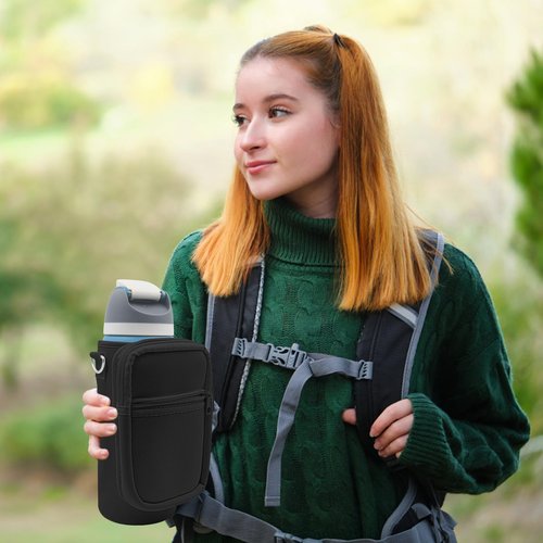 for Owala FreeSip Insulated Stainless Steel Water Bottle Cup Holder Cover Carrier Sling Bag with Strap, Pouch Pocket for Phone/Accessories, add Handle for Owala 40oz (Black-40oz)