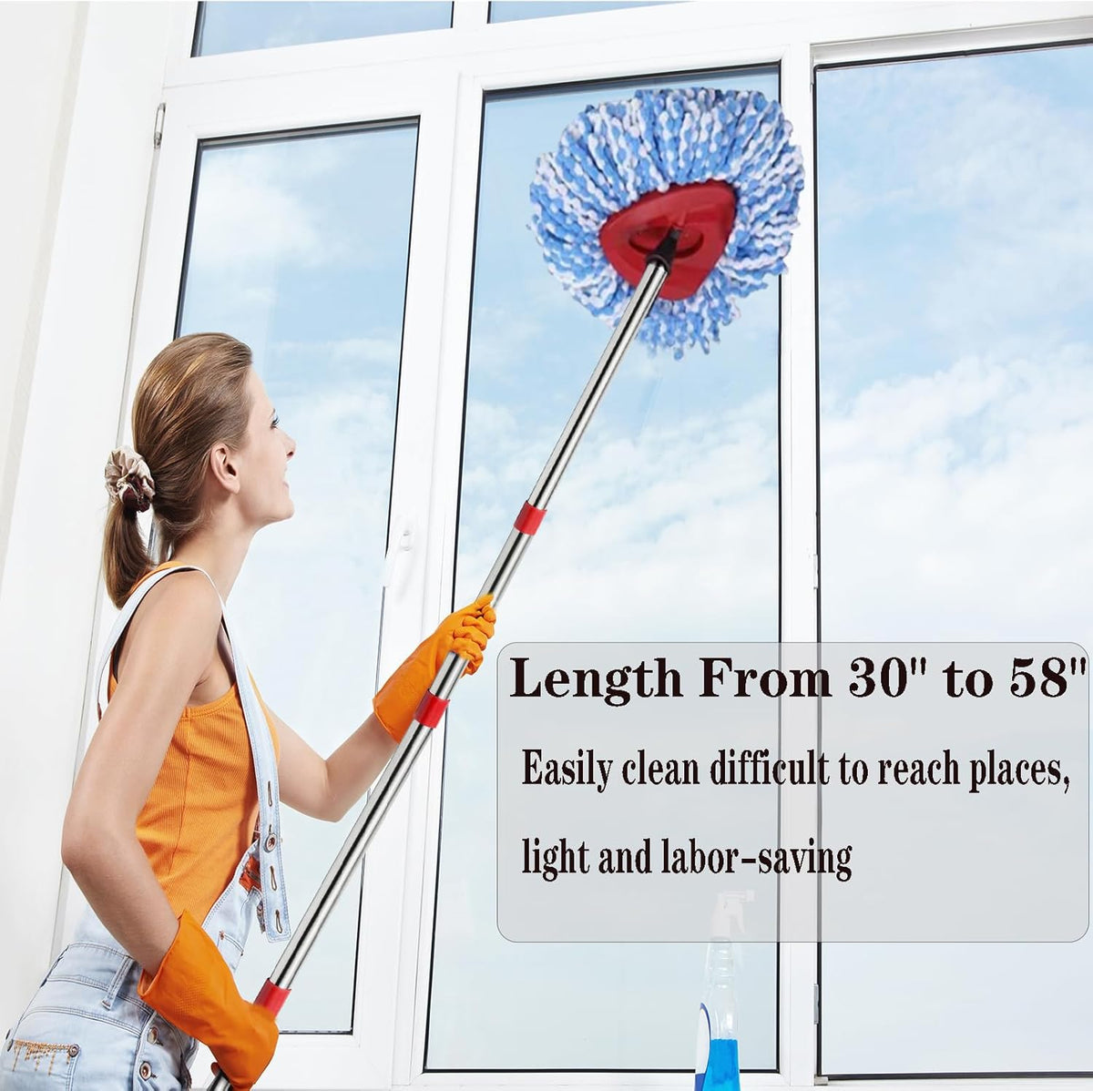 Spin Mop Replacement Handle, 4-Section 30-to-58 inch Mop Replacement Stick Compatible with Ocedar Mop Handle for Easy Wring Mop Refills, Germany Screw Joint (Red 2 Pack)