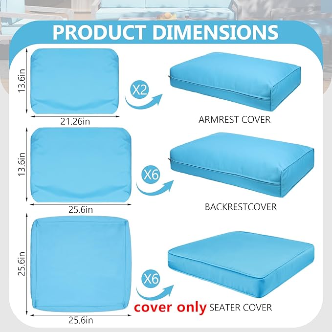 14 Piece Outdoor Patio Waterproof Cushion Covers, Fits 6-Seat Wicker Rattan Sectional Couch Chair Furniture Cover Replacement Set - Fade-Resistant Patio Cushion Covers with Zipper