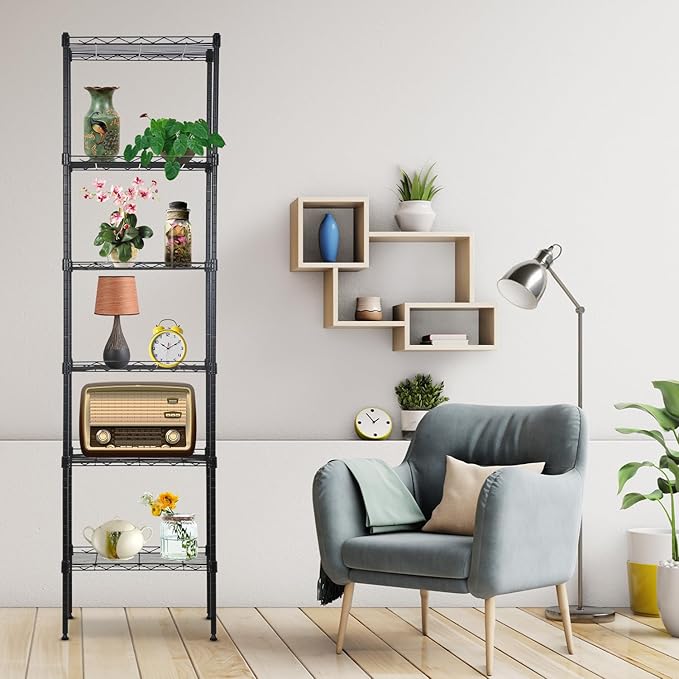 PayLessHere 6-Tier Adjustable Metal Storage Shelves - Max Load Capacity 600 lbs - Easy Assembly - 12" W x 17" D x 64" H NSF Certified - Versatile for Various Uses,Black