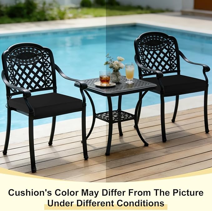 downluxe Waterproof Outdoor Chair Cushions Set of 2, 19" x 19" x 3" Patio Chair Cushion with Non-Slip Ties & Handle, Square Outdoor Cushion for Patio Furniture with Removable Cover, Black