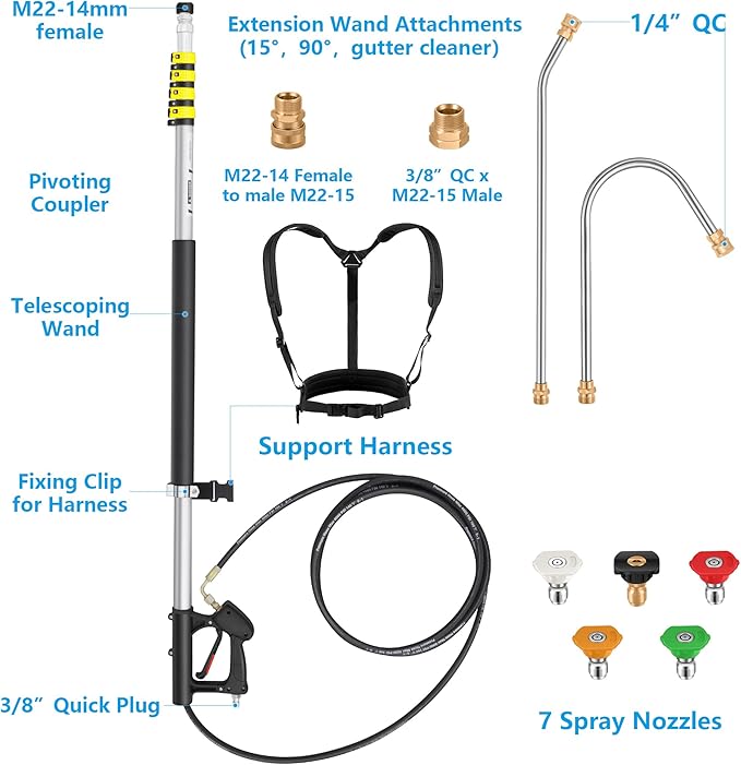24 FT Telescoping Pressure Washer Wand Extension, Hot Water Supported Power Washer Extension Wand with Brush Head, 5 Nozzle Tips, 2 Adapters, Harness, Gutter Cleaning Tools from The Ground
