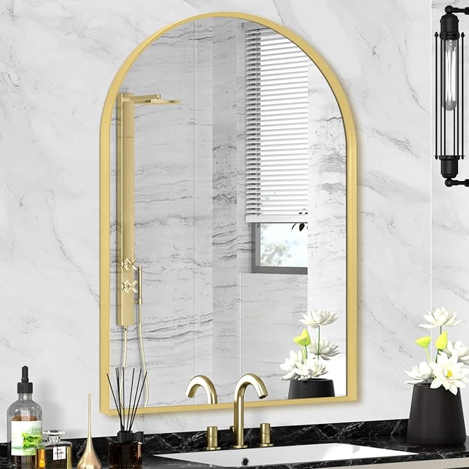 22" x 30" Gold Arched Mirror, Arch Bathroom Vanity Wall Mirror, Modern Aluminum