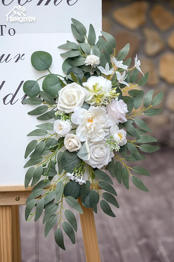 Wedding Arch Faux Flowers Set of 2 Greenery Garland for Wedding Decor Ceremony and Reception Backdrop Decoration (White)