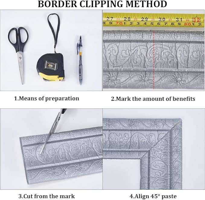 CRASPIRE 88 x 3 Inch Silver 3D Sticky Decorative Wallpaper Border Foam