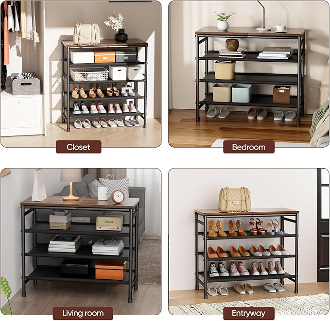 Mavivegue Metal Shoe Rack, 5 Tier Shoe Organizer with MDF Board and Non-Woven Fabric, Shoe Rack for Entryway and Closet,Industrial, Rustic Brown