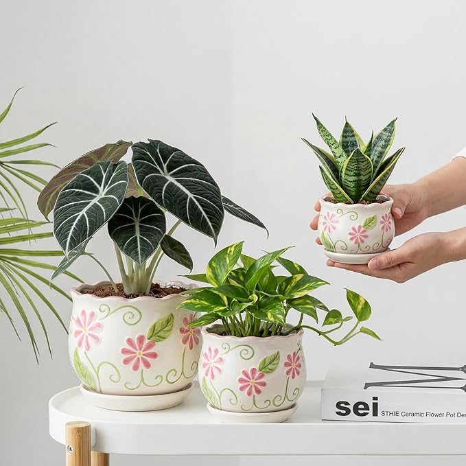 STHIE Pink Ceramic Flower Pots, 4"+5.2"+6.6" Inch Small Flower Pots for Indoor Plant with Drainage Hole,Modern Decorative Plant Pots Set of 3, Indoor Planters with Saucer